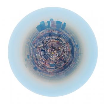 little planet - urban spherical panorama of Moscow city in smog isolated on white background