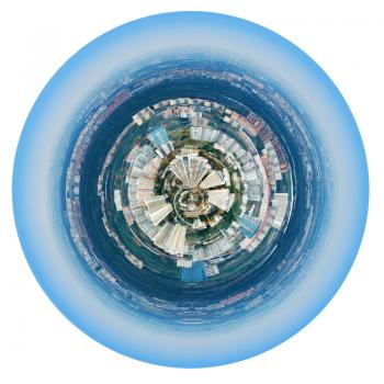 little planet - urban spherical panorama of Moscow residential district under blue sky isolated on white background