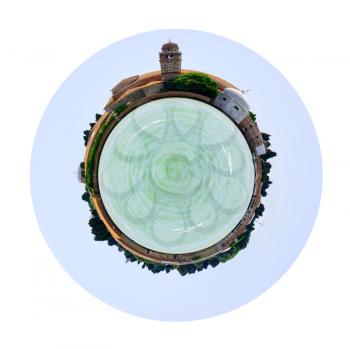 little planet - urban spherical view of cemetery on San Michele island in Venice, Italy isolated on white background