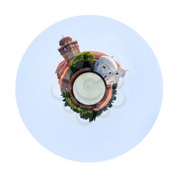 little planet - spherical view of cemetery on San Michele island in Venice, Italy isolated on white background