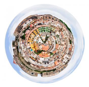 little planet - urban spherical panorama with dense houses of norman sicilian town Castiglione di Sicilia isolated on white background