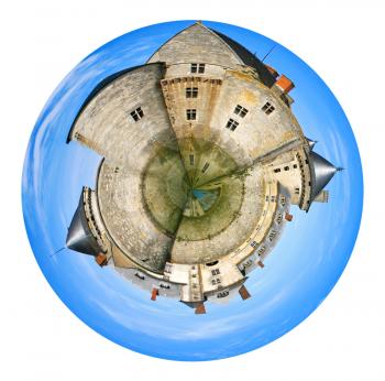 little planet - spherical panorama towers of medieval castle isolated on white background