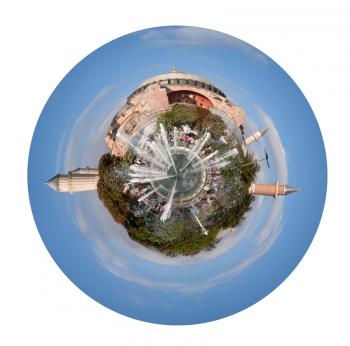 little planet - urban spherical view on Sultanahmet square with fountain and Haghia Sophia cathedral in Istanbul, Turkey isolated on white background