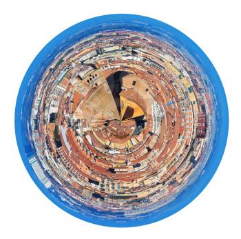 little planet - urban spherical panoramic view from Asinelli Tower, Bologna, Italy isolated on white background