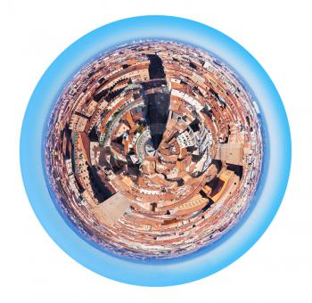 little planet - urban spherical panoramic view view from Asinelli Tower on Strada Maggiore in Bologna, Italy isolated on white background