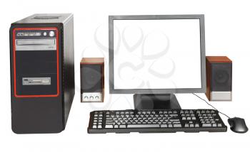 black desktop computer, display with cutout screen, keyboard, mouse, speakers isolated on white background