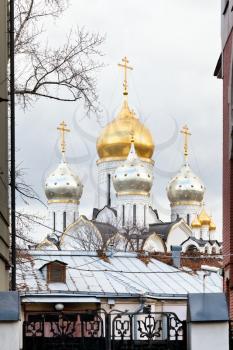 Moscow cityscape - dome of Zachatyevsky convent church on Ostozhenka street in autumn day