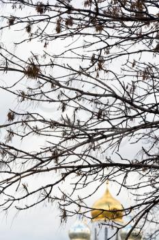 Moscow cityscape - bare trees and dome of Zachatyevsky convent church on Ostozhenka street in autumn day
