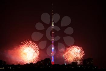 fireworks and view of Ostankino TV Tower in Moscow in night