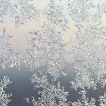 frost patterns on window glass close up at cold winter sunrise