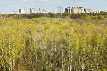 green spring forest and urban residential district on horizon