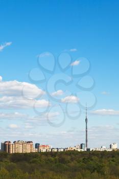 spring cityscape with TV tower and urban park in Moscow, Russia