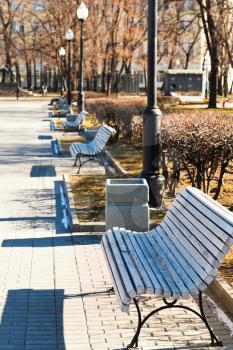 empty wooden benches in urban park in sunny early spring day
