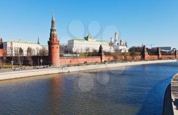 panorama with Kremlin, embankments, Moskva river in Moscow in spring day