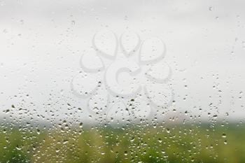 rain drops on window pane with green forest and overcast sky background