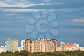 blue rainy clouds over residential district in summer evening, Moscow