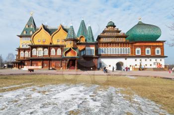 front view of Great Wooden Palace of russian Tsar Aleksey Mikhailovich Romanov in Kolomenskoe, Moscow