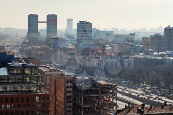 above view of leningradsky prospekt in Aeroport district in Moscow in day with smog in air