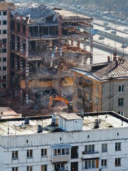 above view of demolition of old apartment house in Moscow