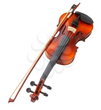 typical wooden fiddle with transitional bow isolated on white background