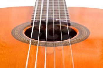 six nylon strings of classical acoustic guitar close up