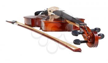 pegbox of classical modern violin and french bow close up isolated on white background