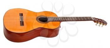 side view of classical acoustic guitar isolated on white background