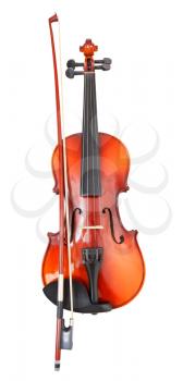 typical wooden violin with transitional bow isolated on white background