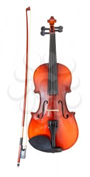 classical wooden violin with french bow isolated on white background