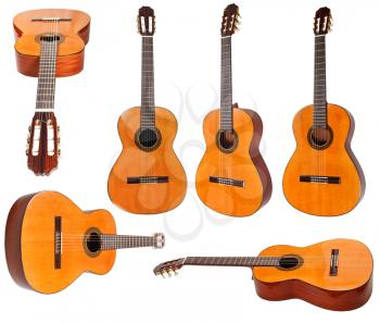 set of classical acoustic guitars isolated on white background