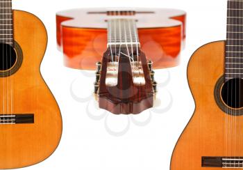 set of spanish acoustic guitars close up isolated on white background