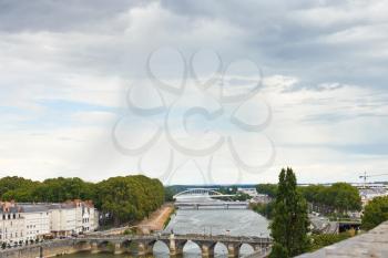 view of bridges Pont de Verdun and Pont de Haute Chaine on La Maine river in Angers, France in rainy day