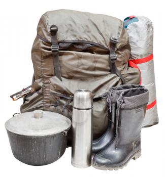 set of camping equipment with backpack, tent, pot, rubber boots, thermos, gas burner isolated on white background