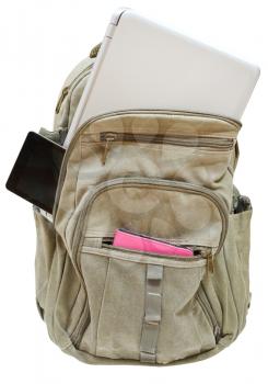 travel back pack with mobile devices isolated on white background