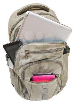 travel rucksack with mobile devices isolated on white background