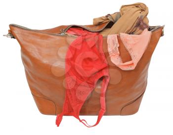 ajar leather bag with bra and pink lace panties isolated on white background