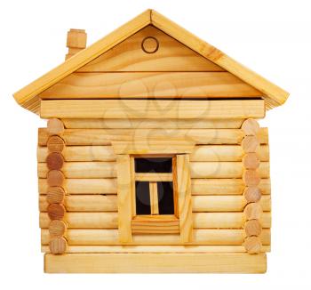 side view of model of simple village wooden log house isolated on white background