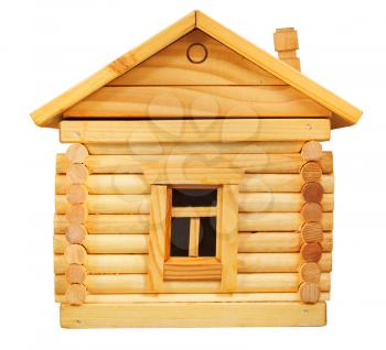 side exterior of model of simple village wooden log house isolated on white background