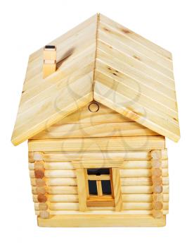 above view of side of model of simple village wooden log house isolated on white background