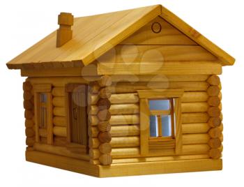 model of village wooden log house in evening isolated on white background