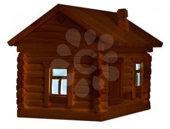 model of village wooden log house at night isolated on white background