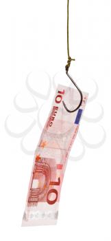 fishing with 10 euro banknote lure on fishhook isolated on white background