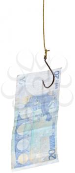 fishing with 20 euro banknote lure on fishhook isolated on white background