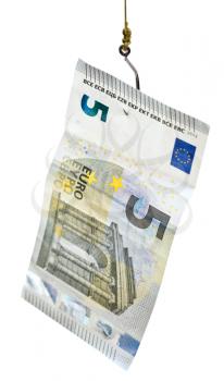 fishing with 5 euro banknote lure on fishhook isolated on white background
