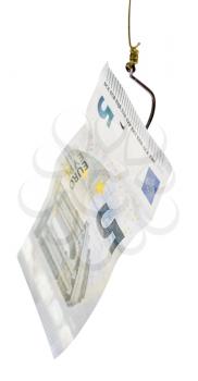 fishing with 5 euro banknote bait on fishhook isolated on white background