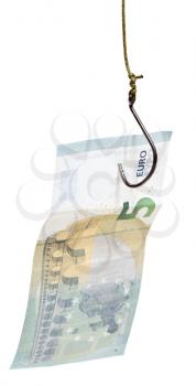 fishing with five euro banknote bait on fishhook isolated on white background