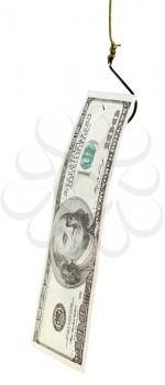fishing with 100 dollars banknote bait on fishhook isolated on white background