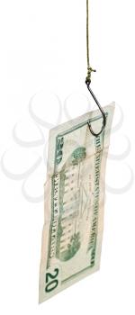 fishing with 20 dollars banknote bait on fishhook isolated on white background