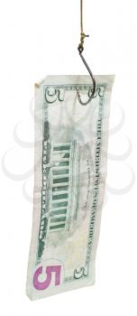 fishing with five dollars banknote bait on fishhook isolated on white background