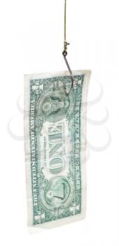 fishing with one dollar banknote bait on fishhook isolated on white background